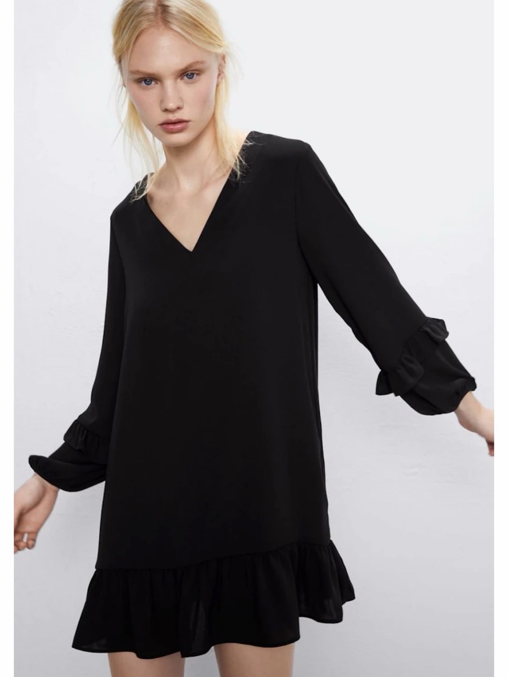 Zara Black V-Neck Ruffle Sleeve Mini Dress